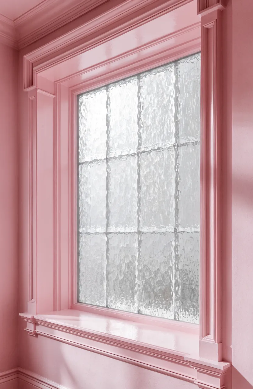 A frosted glass bathroom window with light pink painted wooden trim.