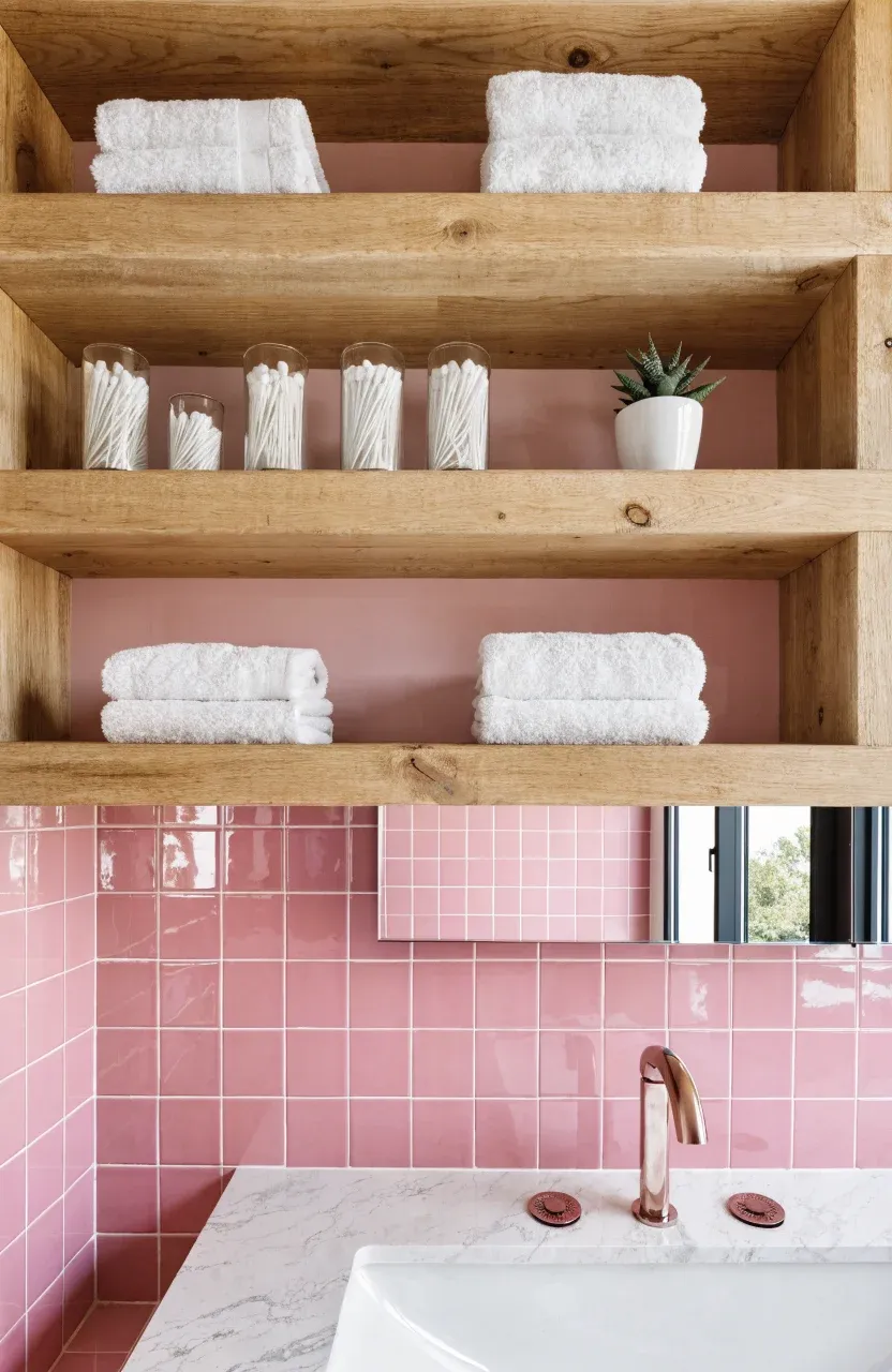 Natural wood shelves over pink tiles in a modern bathroom with white towels.