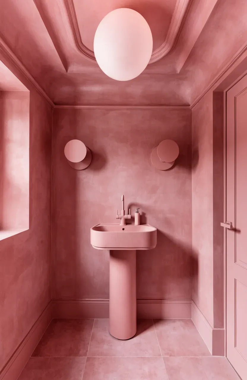 A bathroom completely painted in a soft terracotta pink from floor to ceiling.