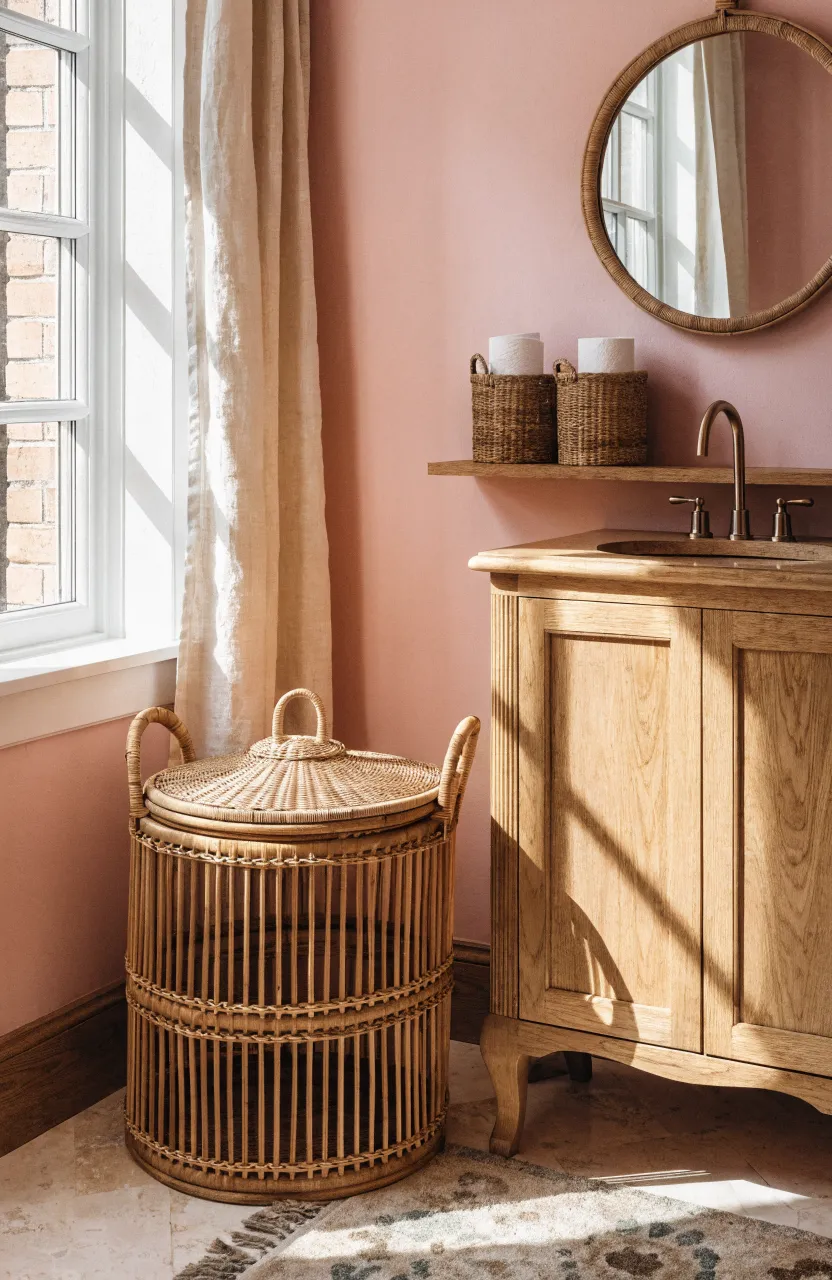 Woven rattan baskets providing texture in a soft pink modern bathroom setting.