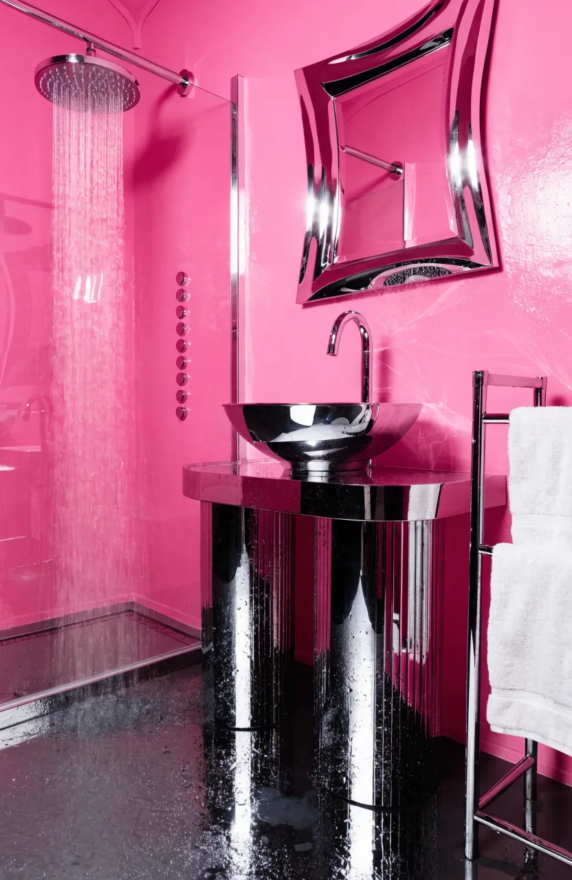 Shiny chrome faucets and fixtures against vibrant bright pink bathroom walls.