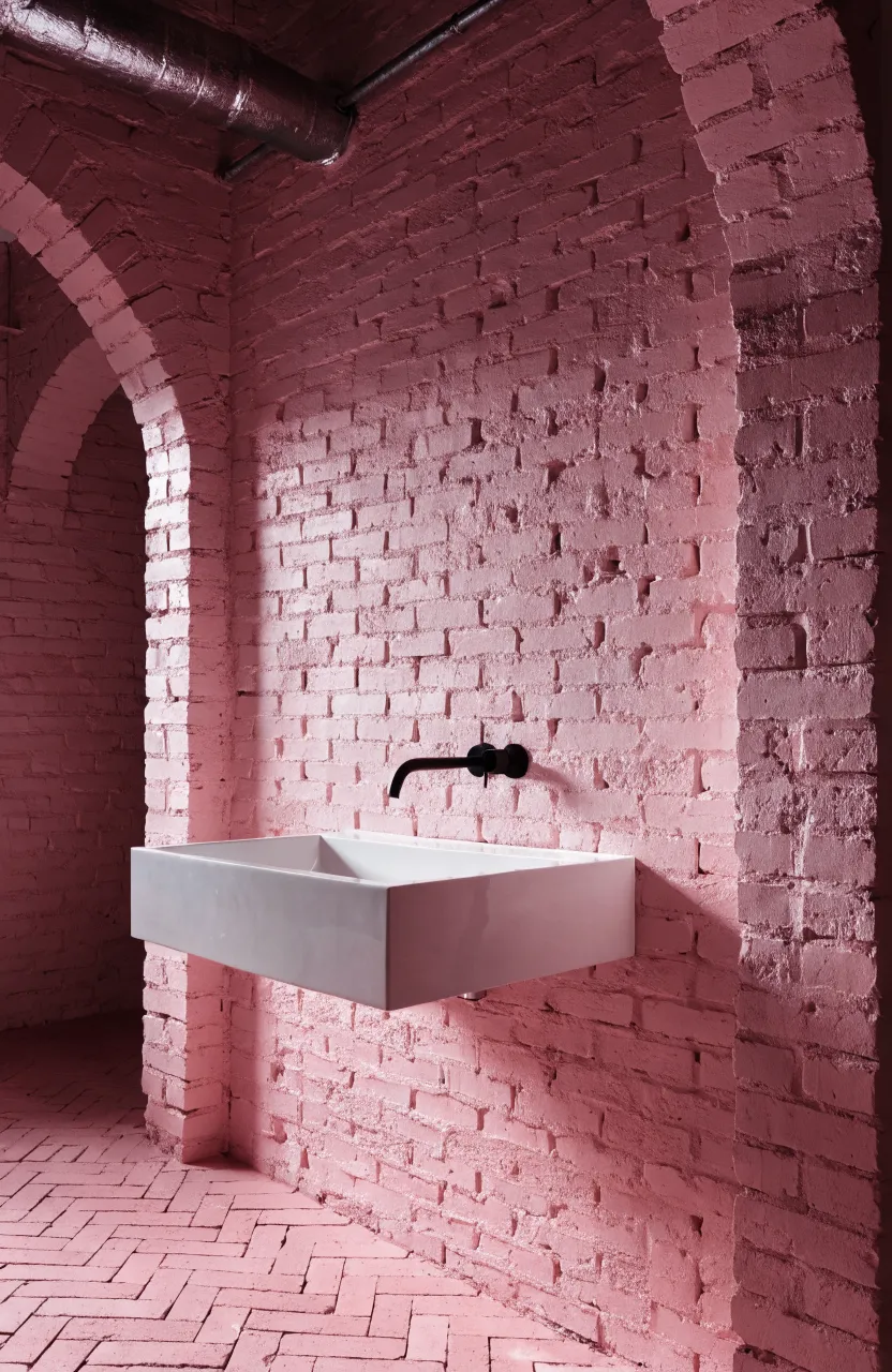 A white floating sink mounted on a soft pink painted brick wall.