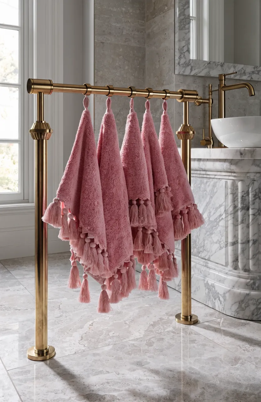 Pink hand towels with tassels hanging on a gold rail in a modern bathroom.