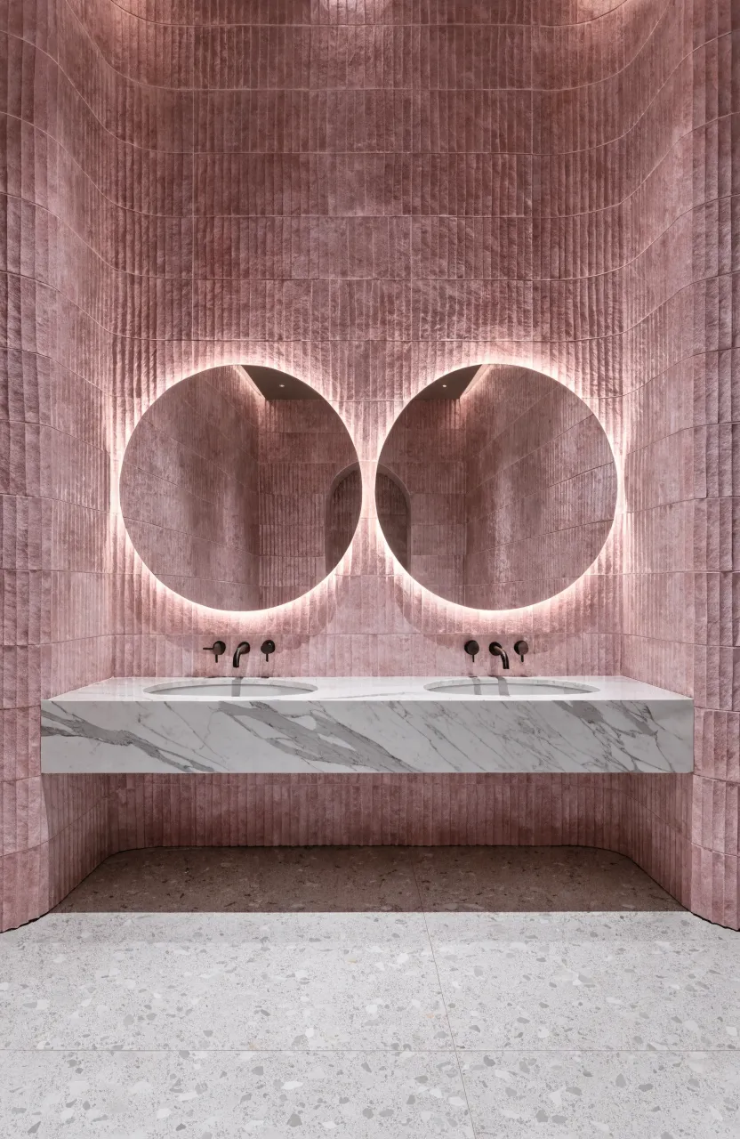 A modern pink bathroom with two glowing round backlit mirrors on a textured fluted tile wall.