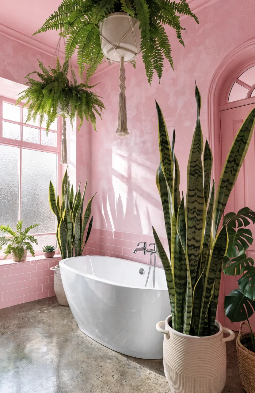 Lush green ferns and snake plants in a bright pale pink bathroom with a white soaking tub.