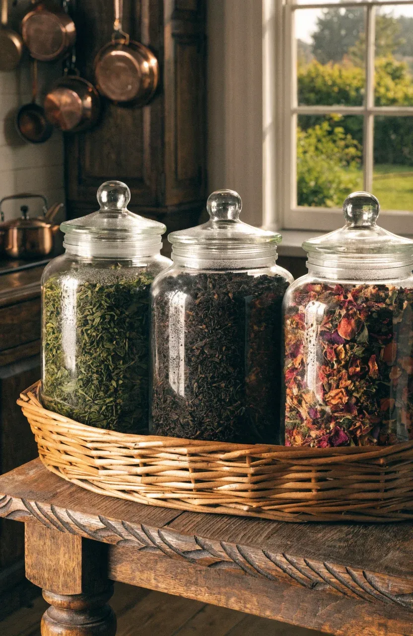 Three glass jars of colorful loose leaf tea arranged in a rustic wicker gift basket on a wooden table.