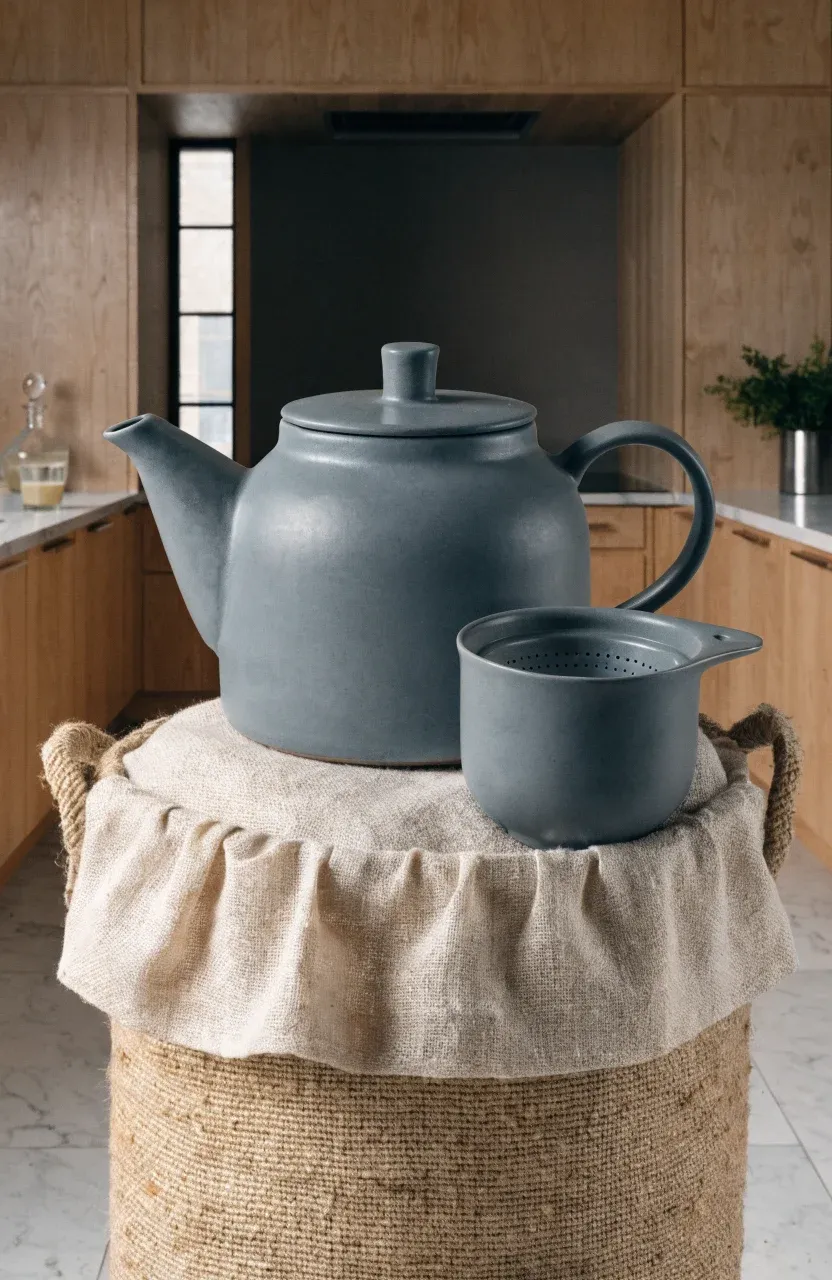 A slate gray ceramic teapot and matching cup set neatly arranged inside a linen-lined gift basket.