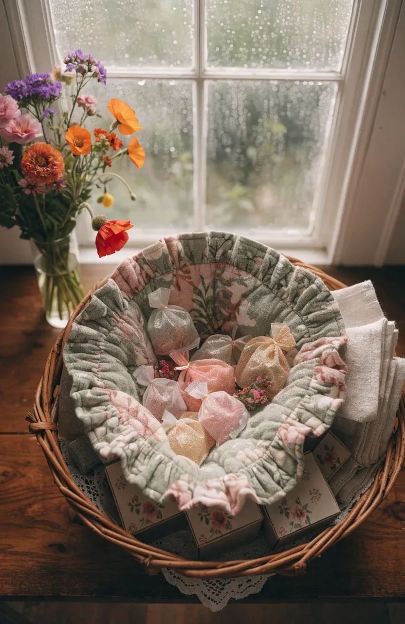 A floral fabric tea cozy and silk tea bags inside a charming, rustic-themed gift basket.