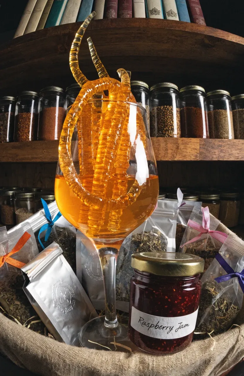 Golden honey sticks and a jar of red raspberry jam arranged as sweeteners in a tea gift box.