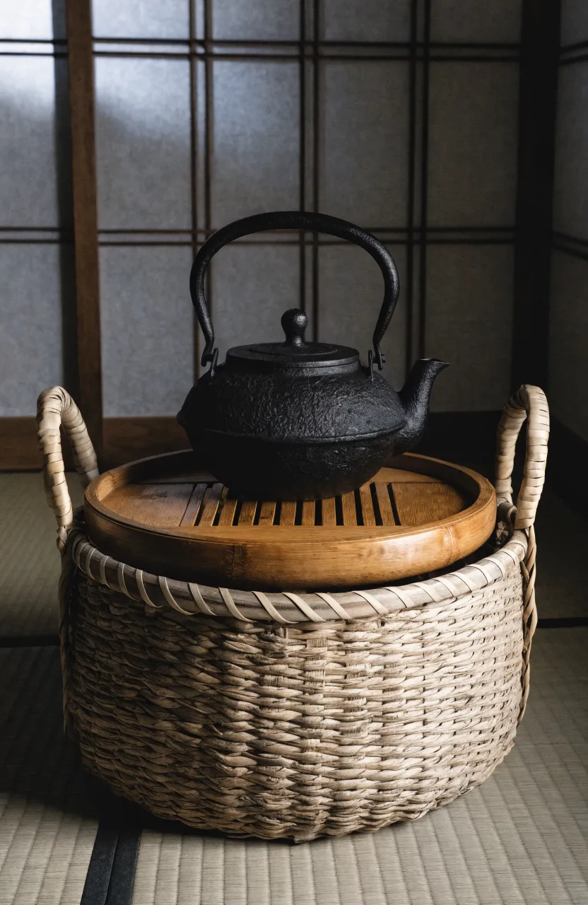 A black cast iron kettle and a bamboo steeping tray presented in a large seagrass gift basket.