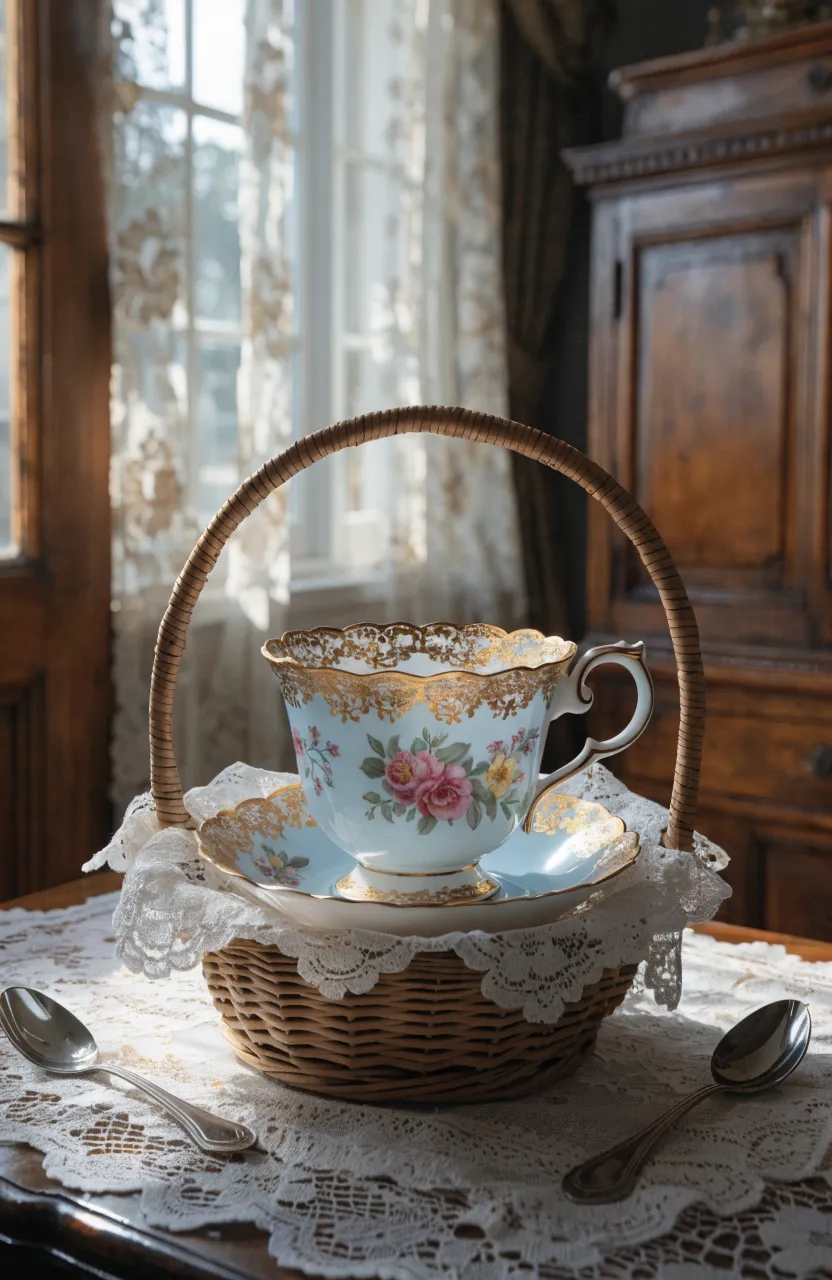 An ornate vintage bone china teacup and saucer with gold trim in an elegant gift basket.