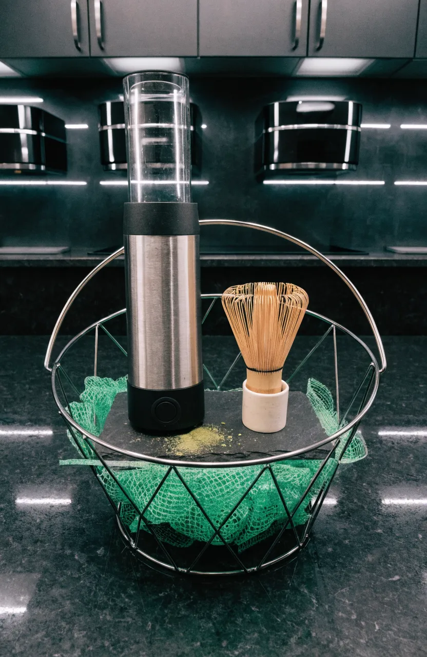 An electric milk frother and a bamboo matcha whisk arranged in a modern wire tea gift basket.