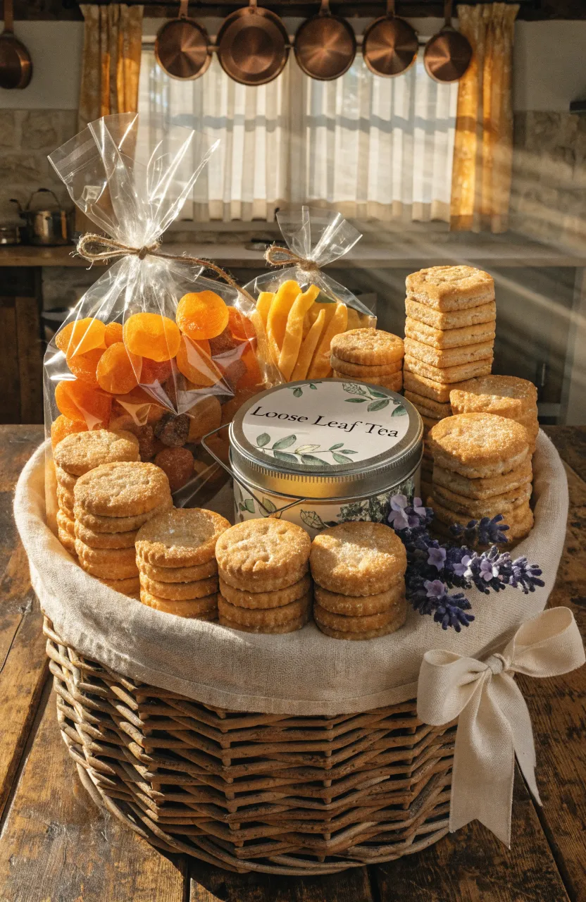 A woven gift basket filled with shortbread cookies and dried fruits on a wooden table.