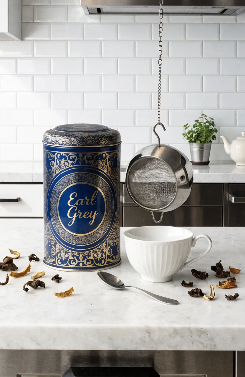 A stainless steel tea strainer and a blue Earl Grey tea tin on a marble counter.