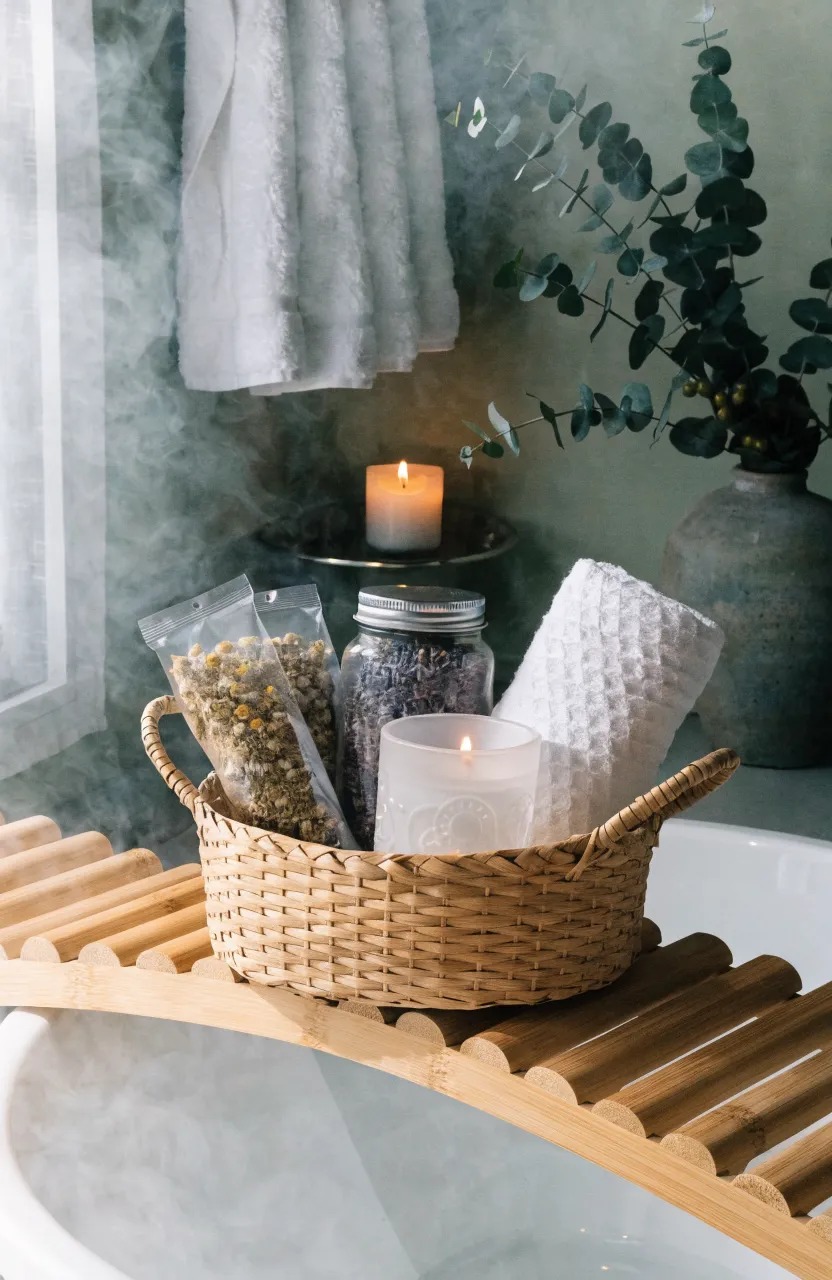 A spa-themed gift basket with chamomile tea, lavender, and a candle in a bathroom.
