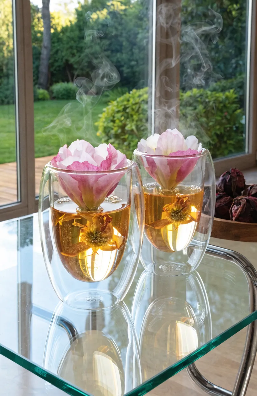 Blooming tea flowers inside clear double-walled glass mugs on a table.
