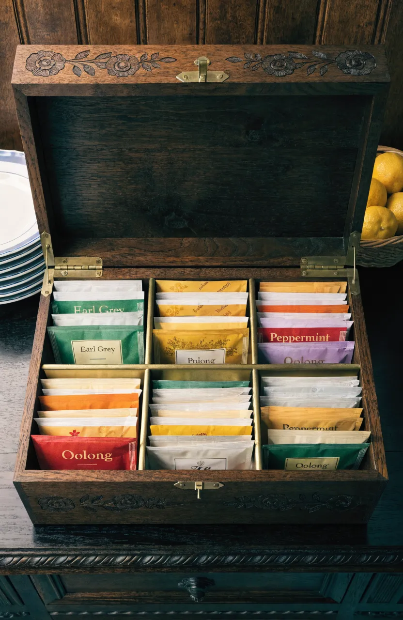 An engraved wooden box with compartments filled with various colorful tea bags.