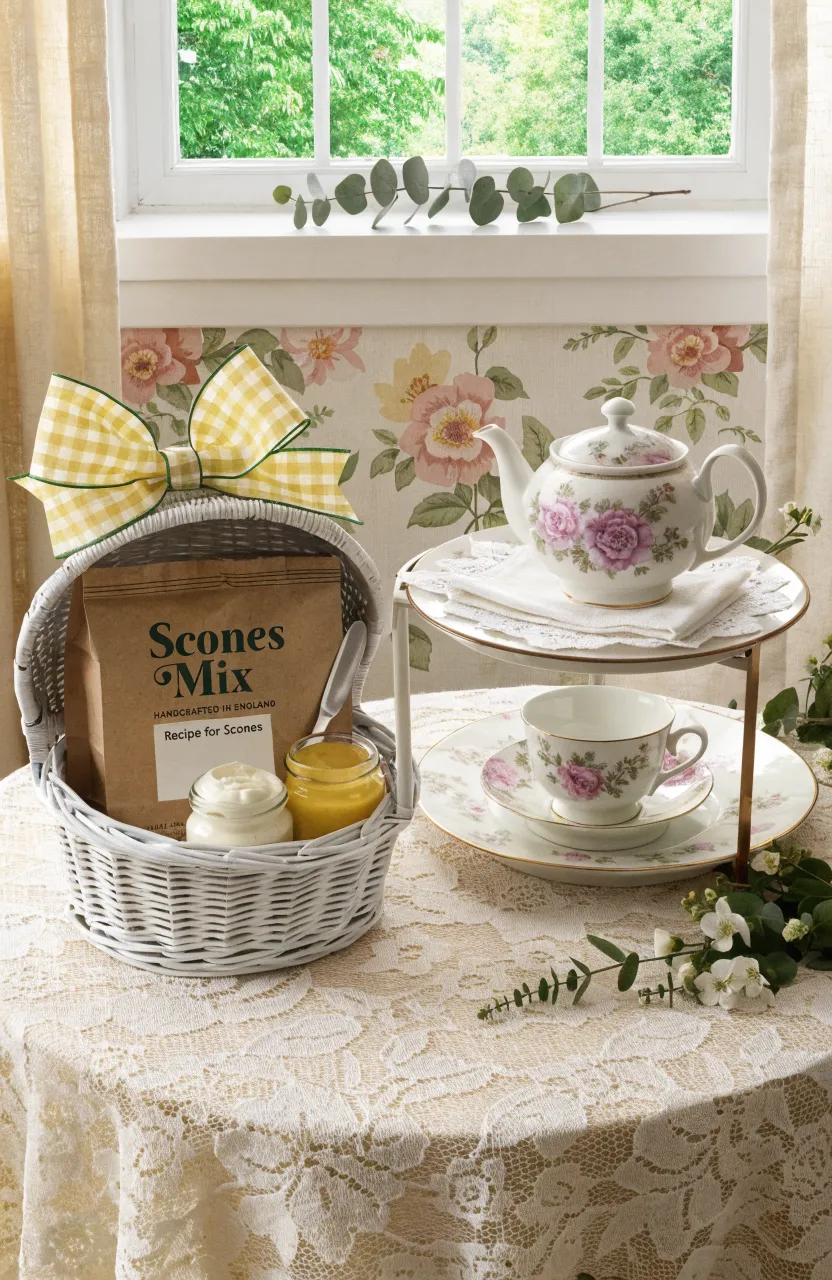 An afternoon tea gift set with scone mix, clotted cream, and lemon curd on a lace cloth.