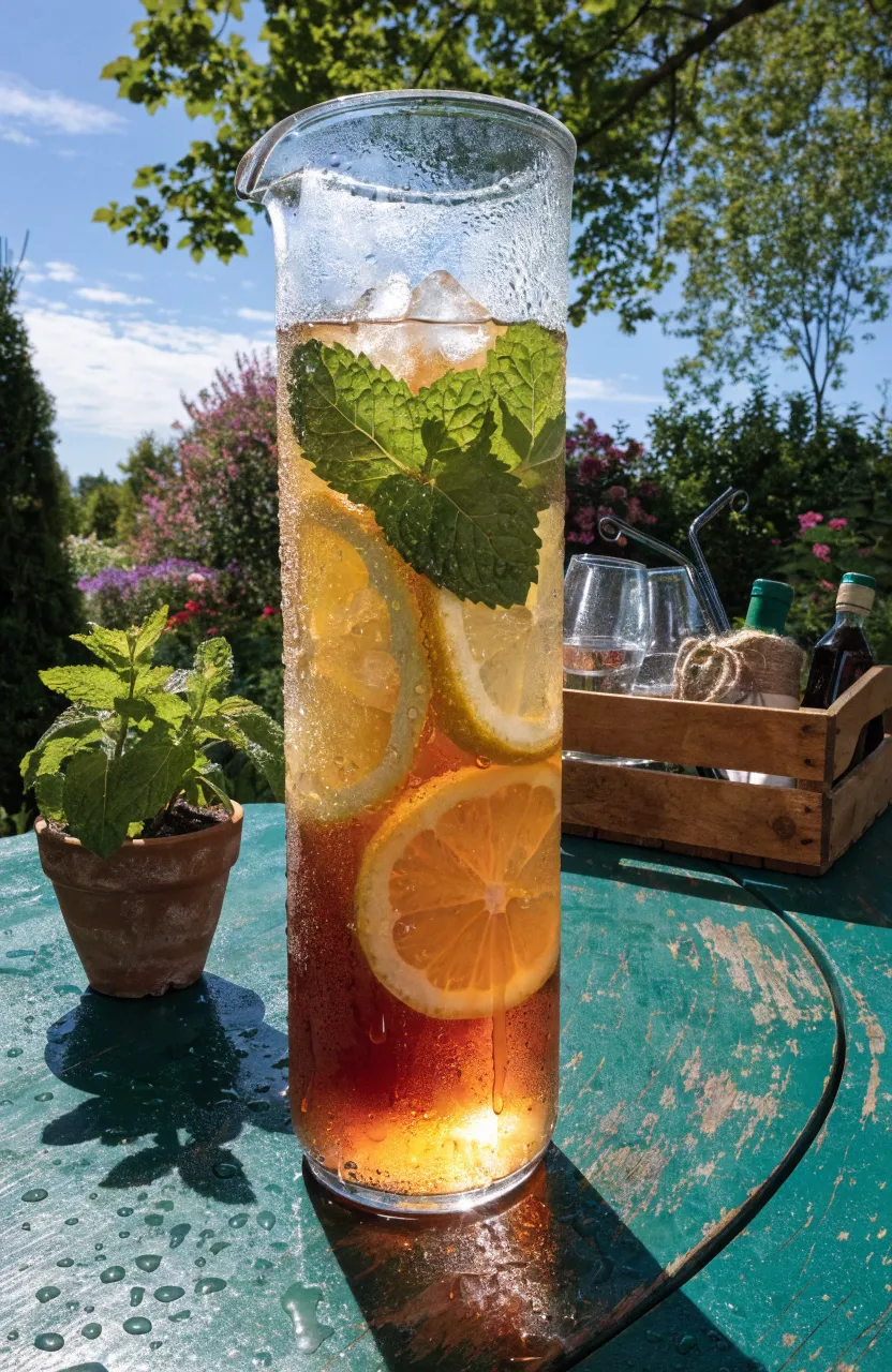 A glass pitcher of iced tea with lemon and mint on an outdoor garden table.