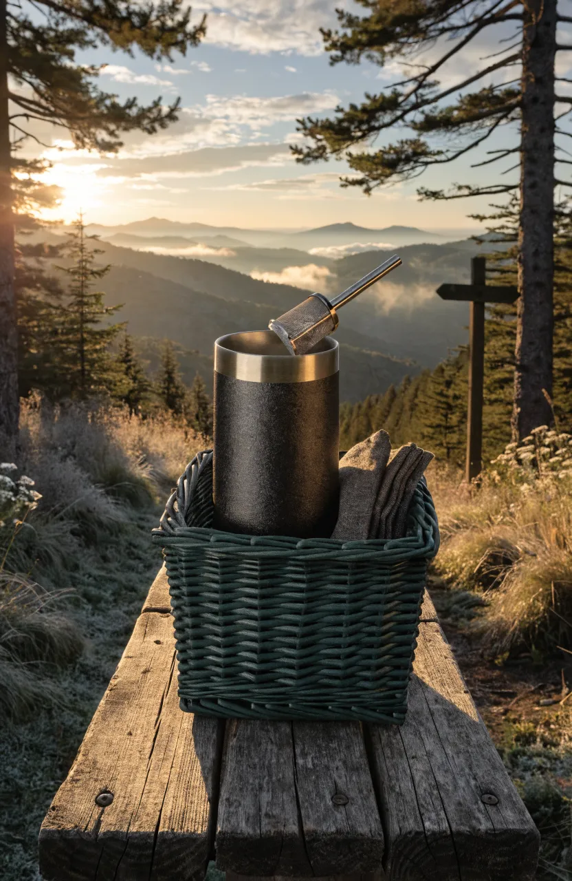 A rugged tea gift basket with a charcoal travel tumbler and brewing straw on a wooden bench.
