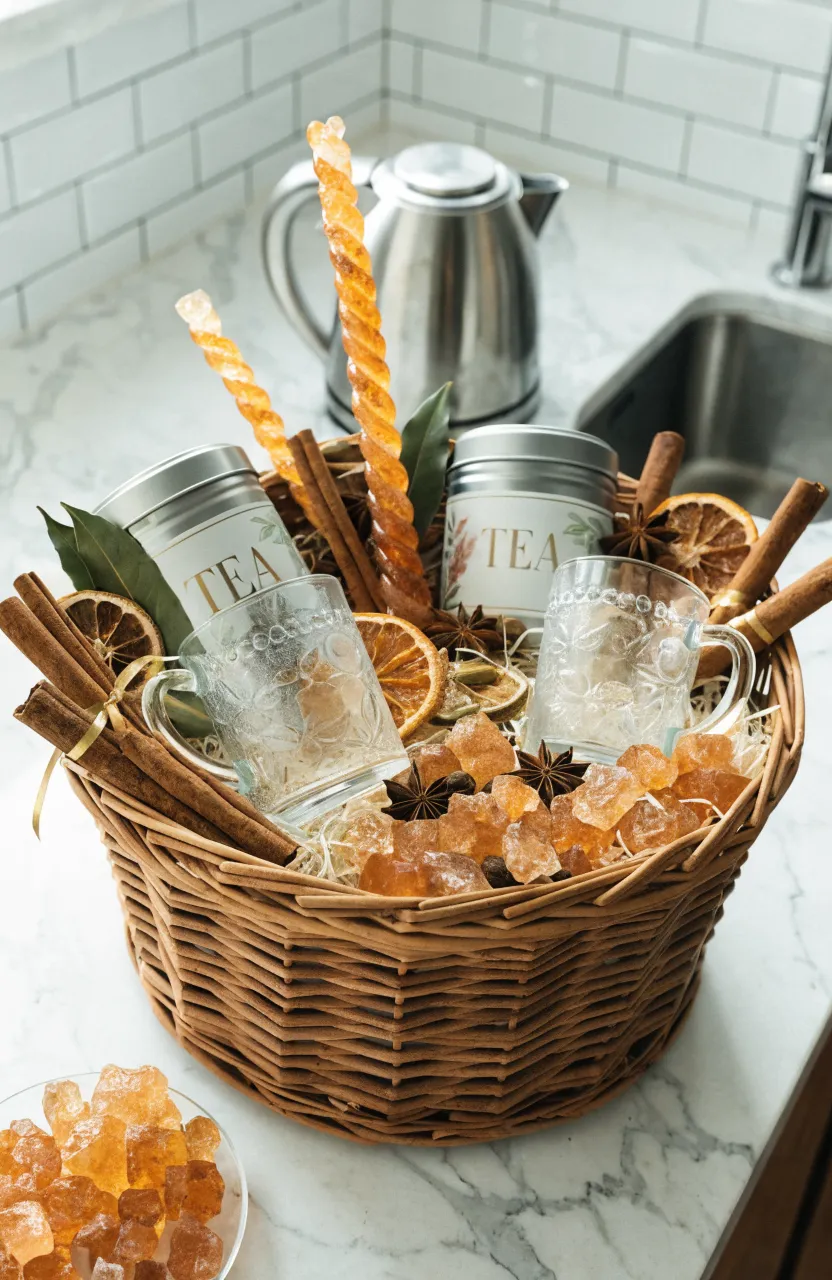 A tea gift basket featuring cinnamon sticks and rock sugar swizzle sticks on a marble counter.