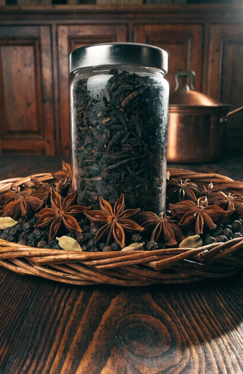 A fragrant chai tea gift basket with star anise, cardamom, and black peppercorns.