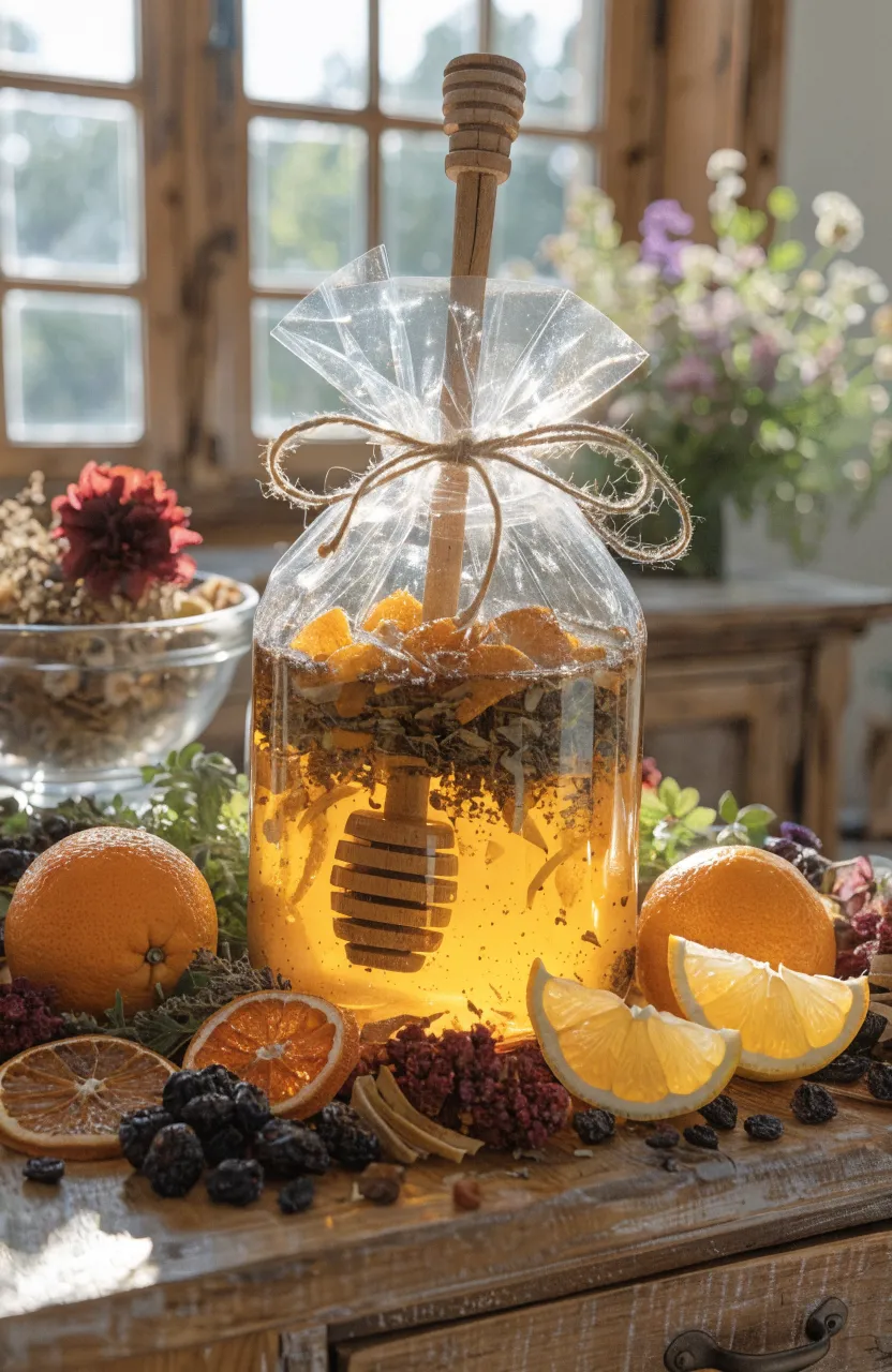 A glass jar of tea-infused honey and a wooden dipper in a rustic tea gift basket.