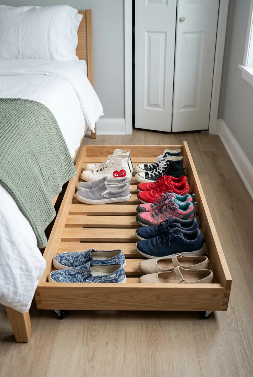 A wooden rolling shoe trundle with caster wheels being pulled out from under a bed frame.