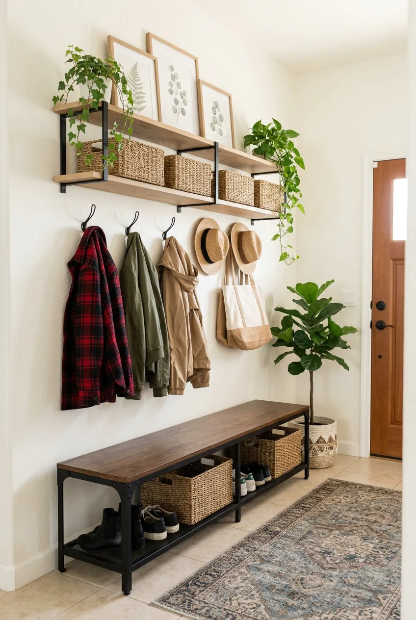 An organized farmhouse entryway with a dark wood bench, industrial floating shelves, and woven seagrass baskets.