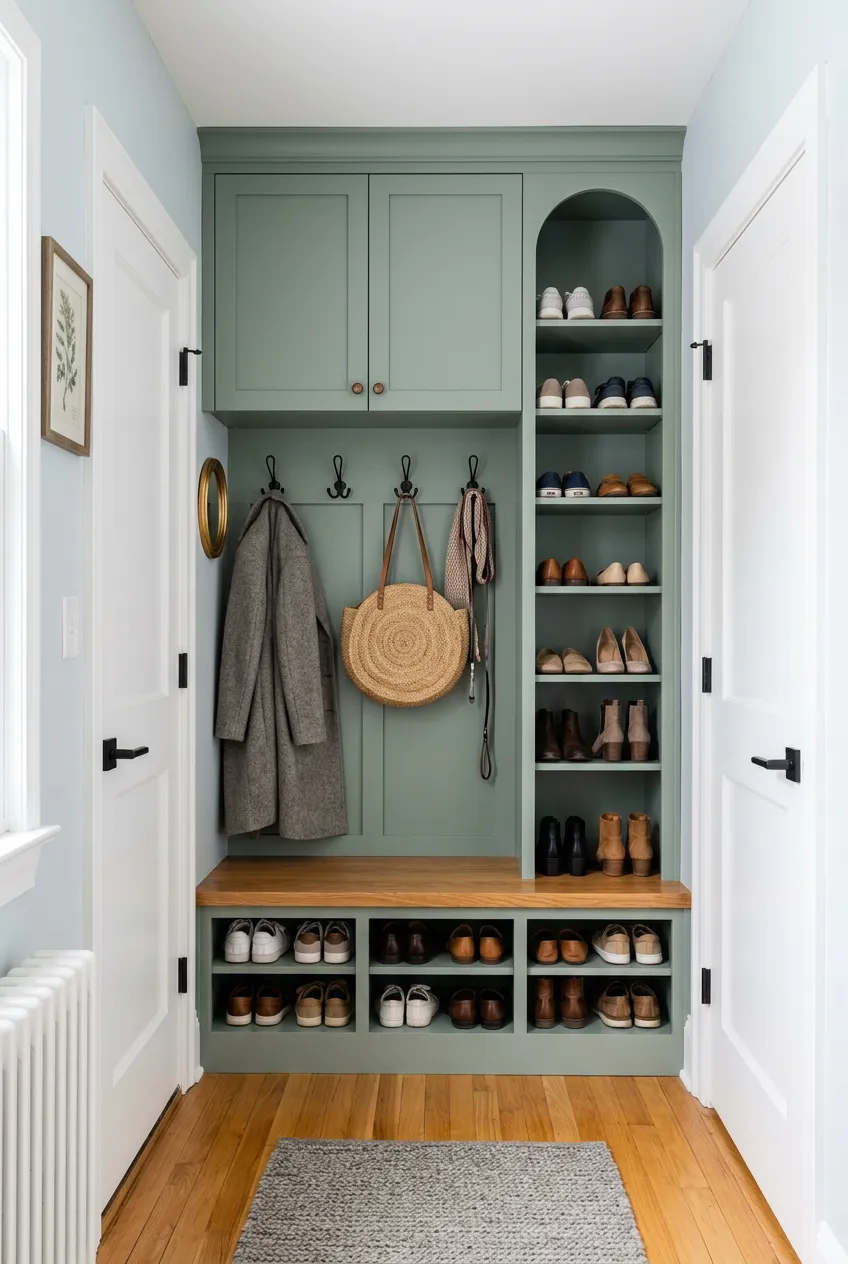 A custom sage green built-in mudroom unit with arched open shelving for shoes and upper cabinets.