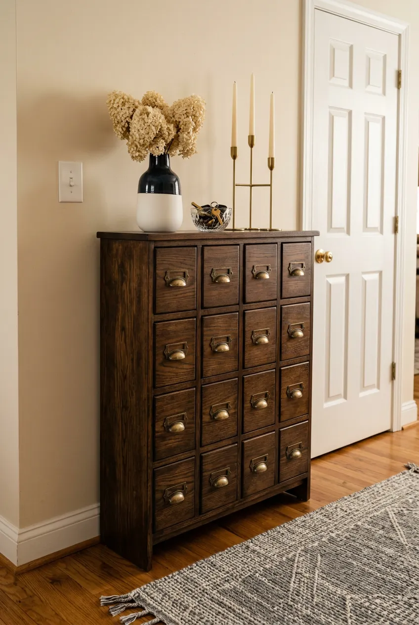 A tall, narrow dark wood apothecary cabinet with sixteen small drawers used for entryway storage.