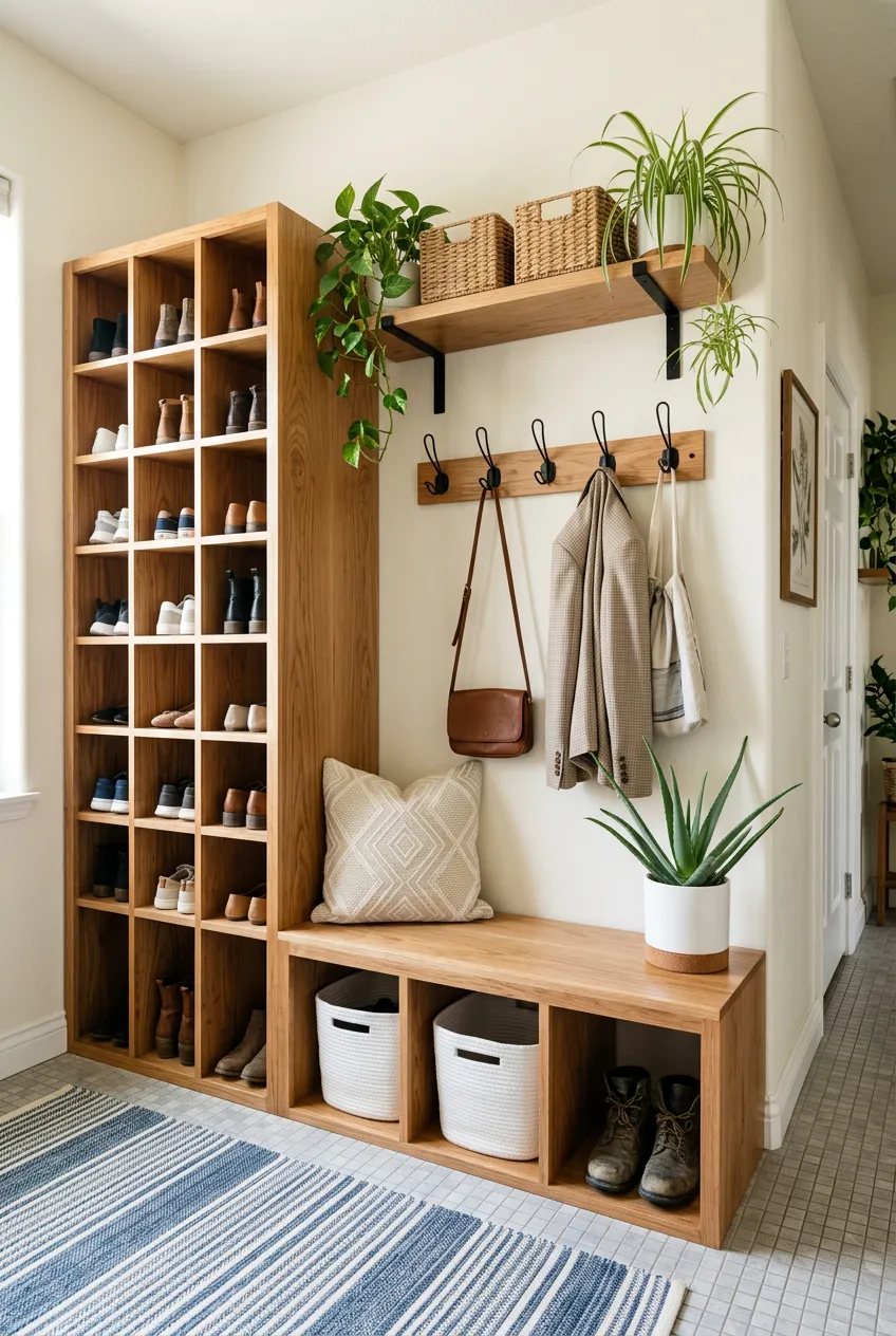 A vertical wooden cubby tower standing next to a matching entryway bench with built-in storage hooks.