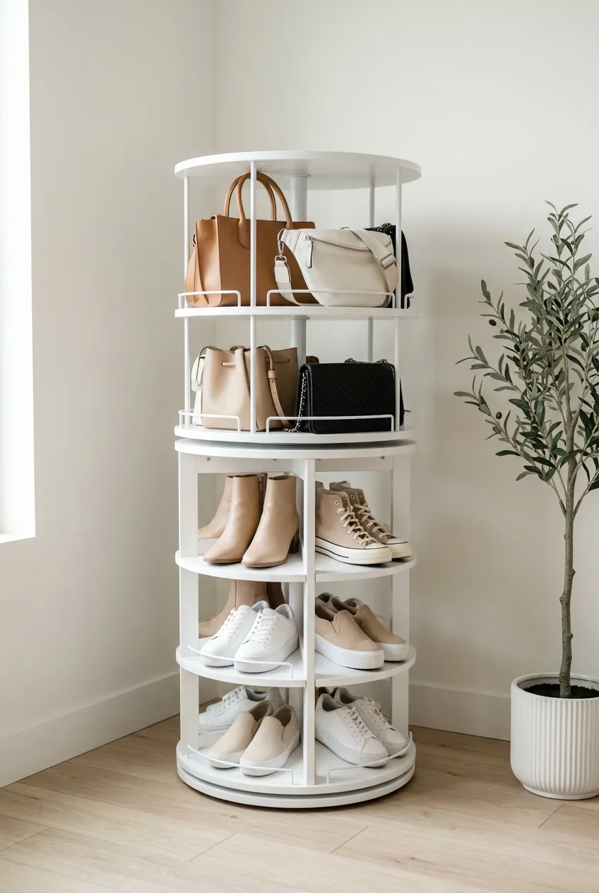 A white multi-tier rotating carousel rack displaying shoes and handbags in a minimalist corner.