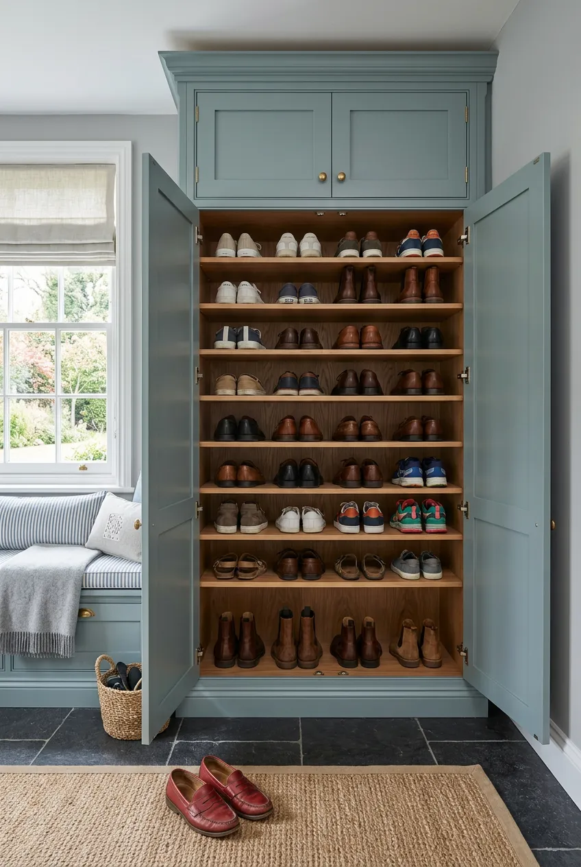 A built-in shoe cabinet with sage-blue doors swung open to reveal ten wooden shelves filled with shoes.