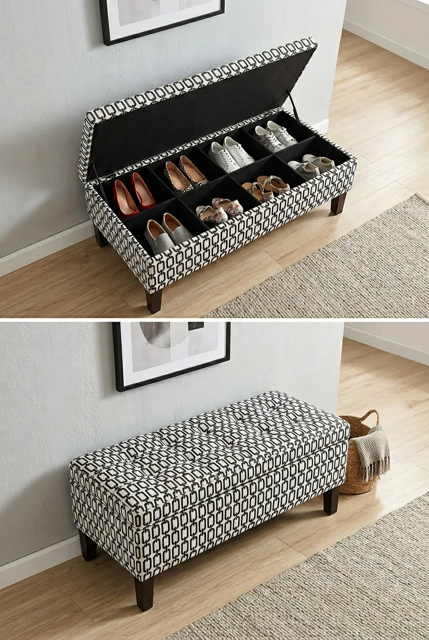A vertical collage showing a black and white geometric ottoman both closed and open to reveal internal shoe cubbies.