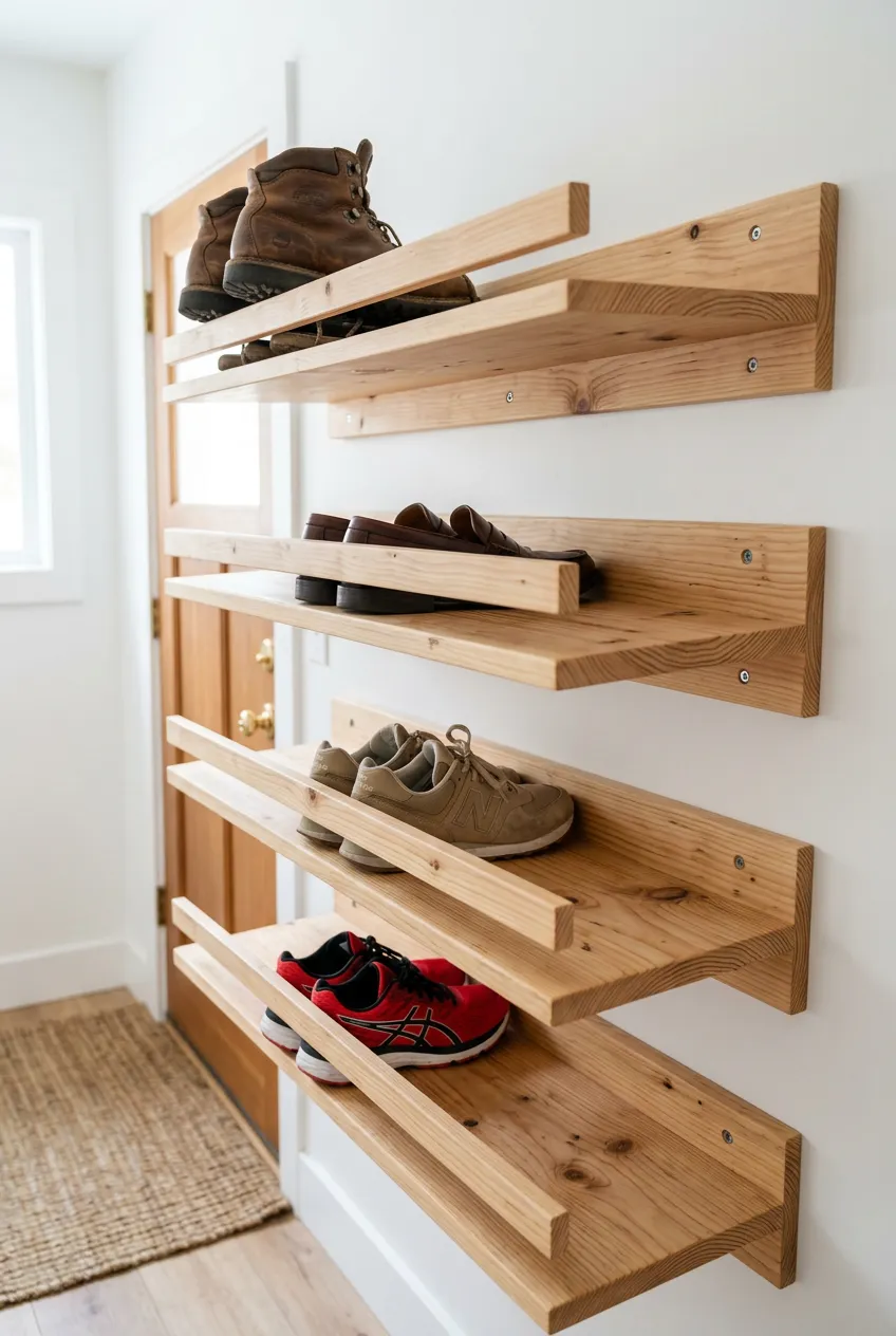 Four handcrafted light pine wood shelves mounted on a white wall with horizontal slats to secure shoes.