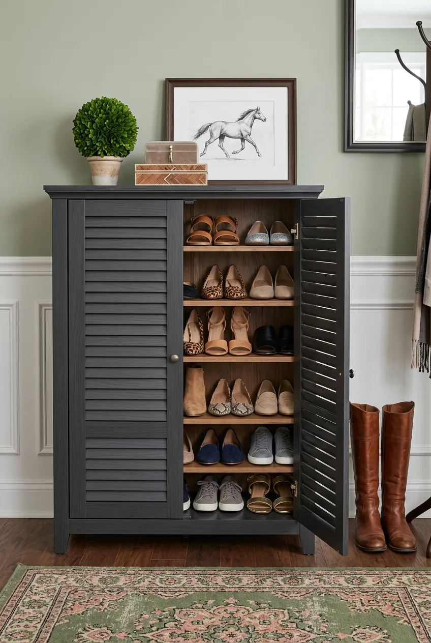 A charcoal gray shoe cabinet with louvre-style doors opened to show women's shoes on internal shelves.
