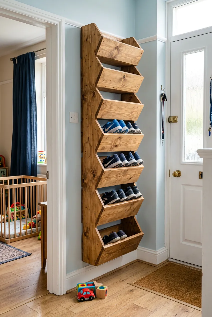 A vertical wall-mounted rustic wood shoe rack with seven tiered angled bins in a narrow hallway.