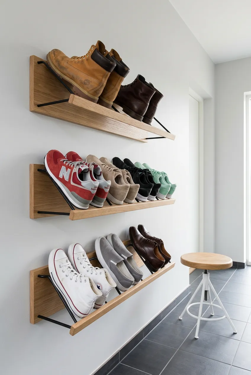 Three tiers of light oak wall-mounted shoe racks with black metal supports holding various sneakers and boots.