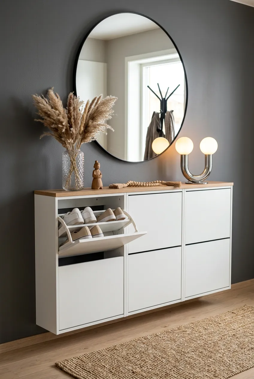 White minimalist shoe cabinets against a charcoal gray wall with an oval mirror and a glowing globe lamp.