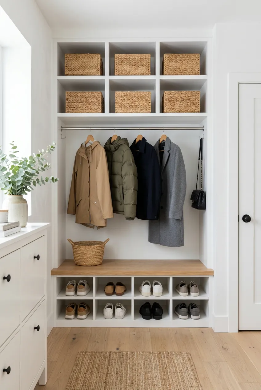 A bright white entryway alcove with custom cabinetry, a wood bench top, and hanging coats.