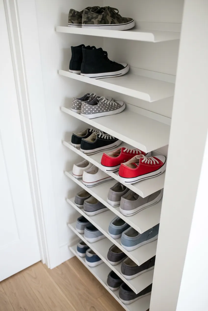 A minimalist stack of eleven white metal tray-style floating shelves mounted vertically on a wall holding sneakers.