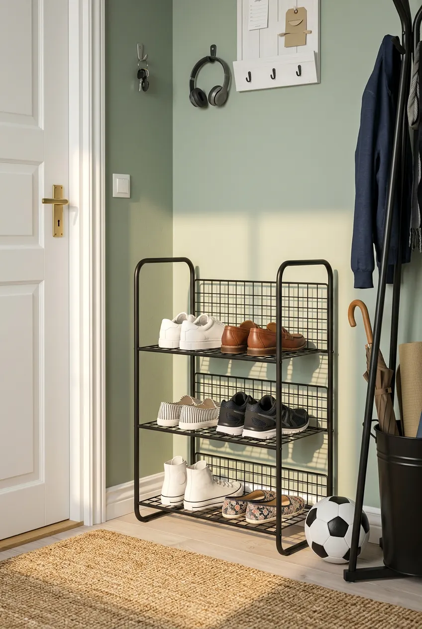 A three-tier black metal wire shoe rack in a sage green entryway with sunlight casting shadows.