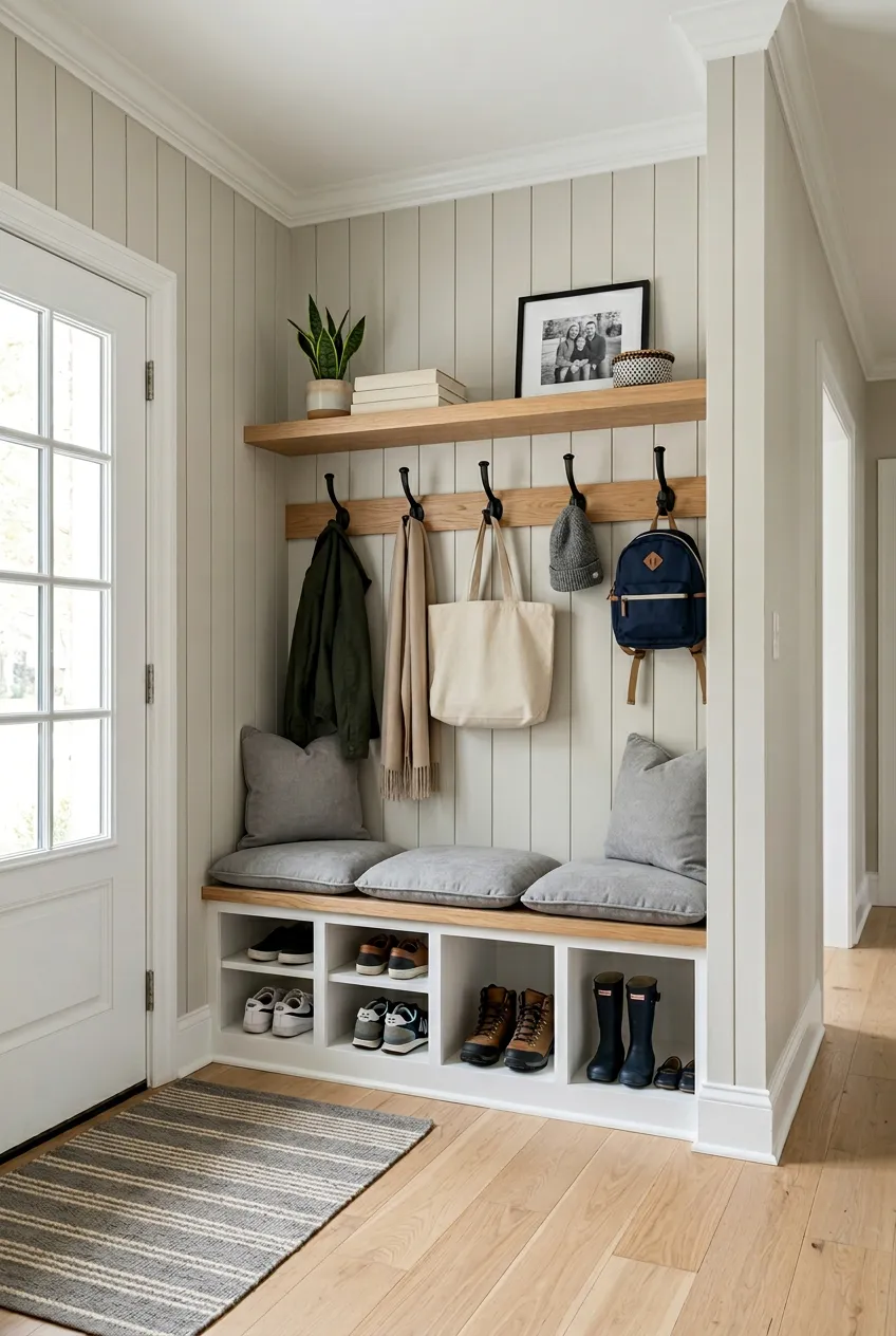 A mudroom nook with vertical taupe shiplap, a white bench with grey cushions, and built-in shoe cubbies.