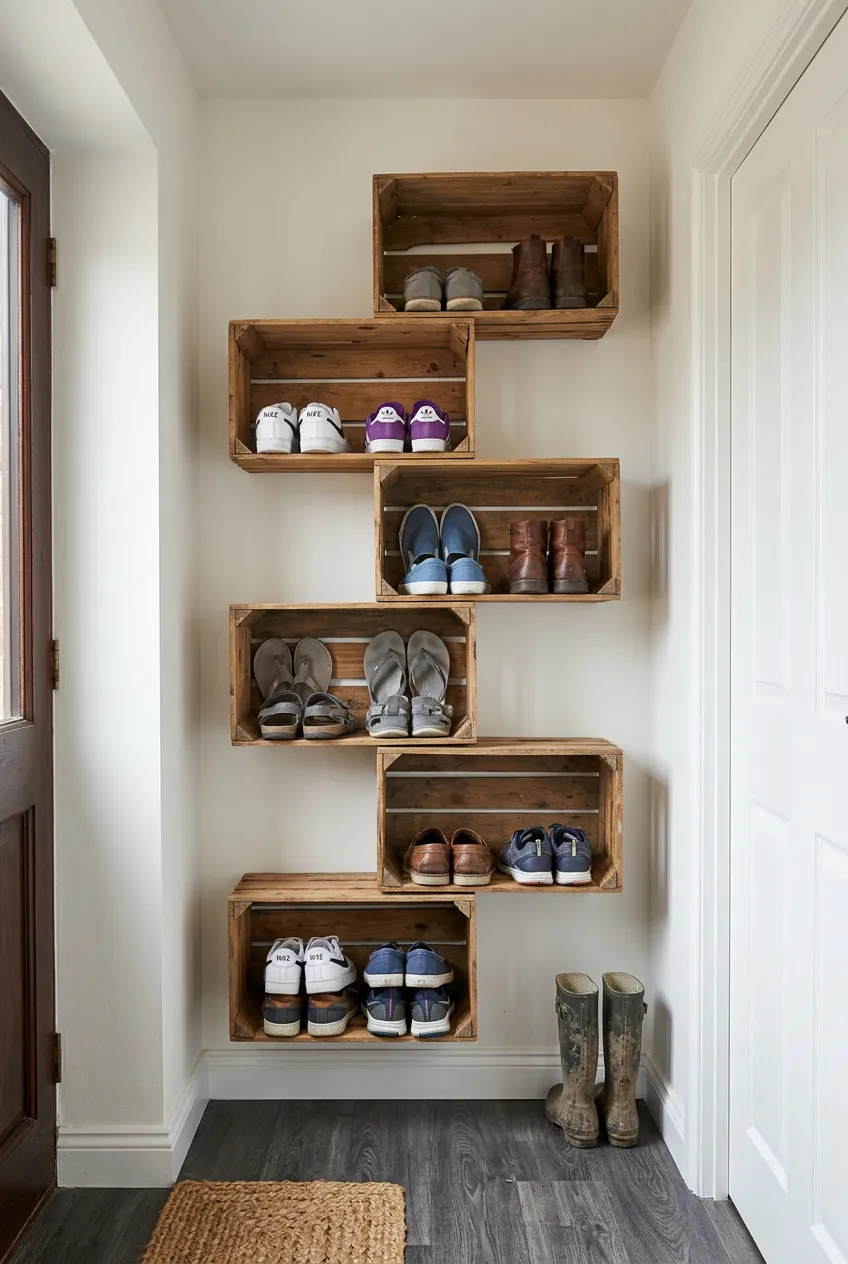 Seven reclaimed wooden crates mounted against a white wall in a staggered zigzag pattern to hold shoes.
