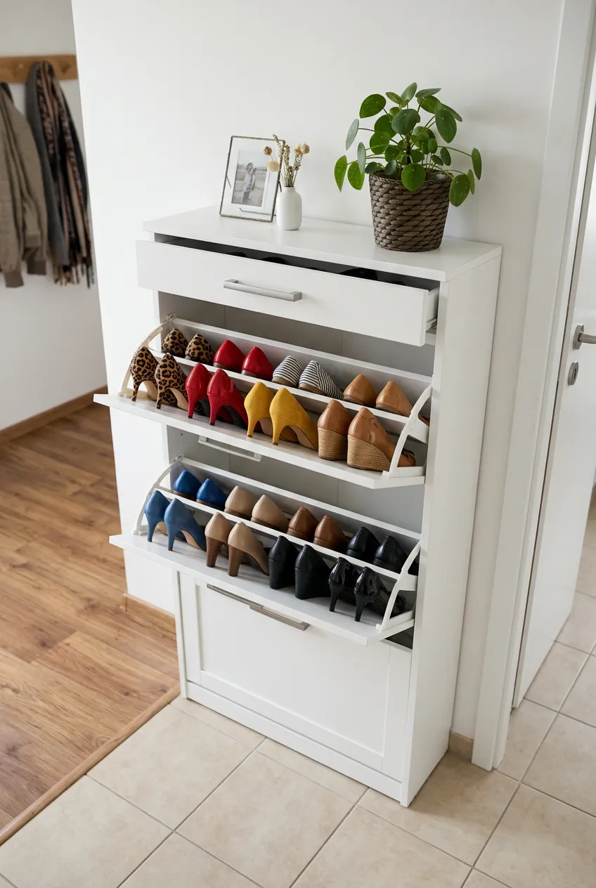 A white three-compartment tilting shoe cabinet with vibrant colored heels visible inside the open drawers.