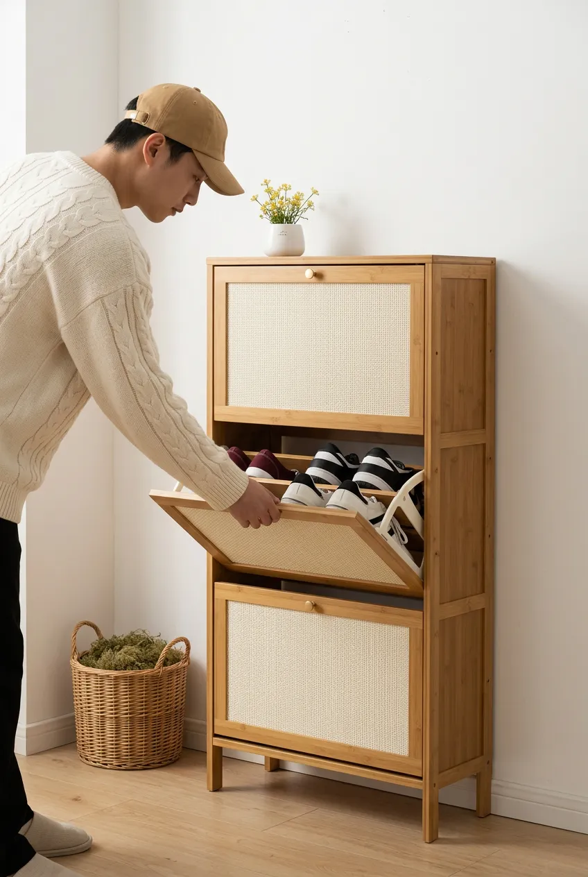 A man reaching into a light wood three-tier shoe cabinet with woven rattan door panels.