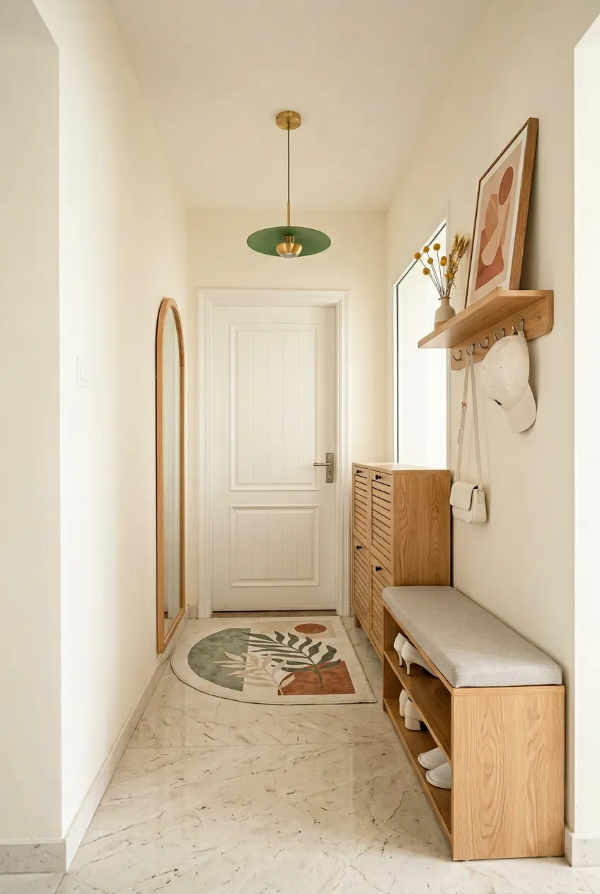 A light wood entryway set with a slatted door shoe cabinet, a bench with grey cushions, and an arched mirror.