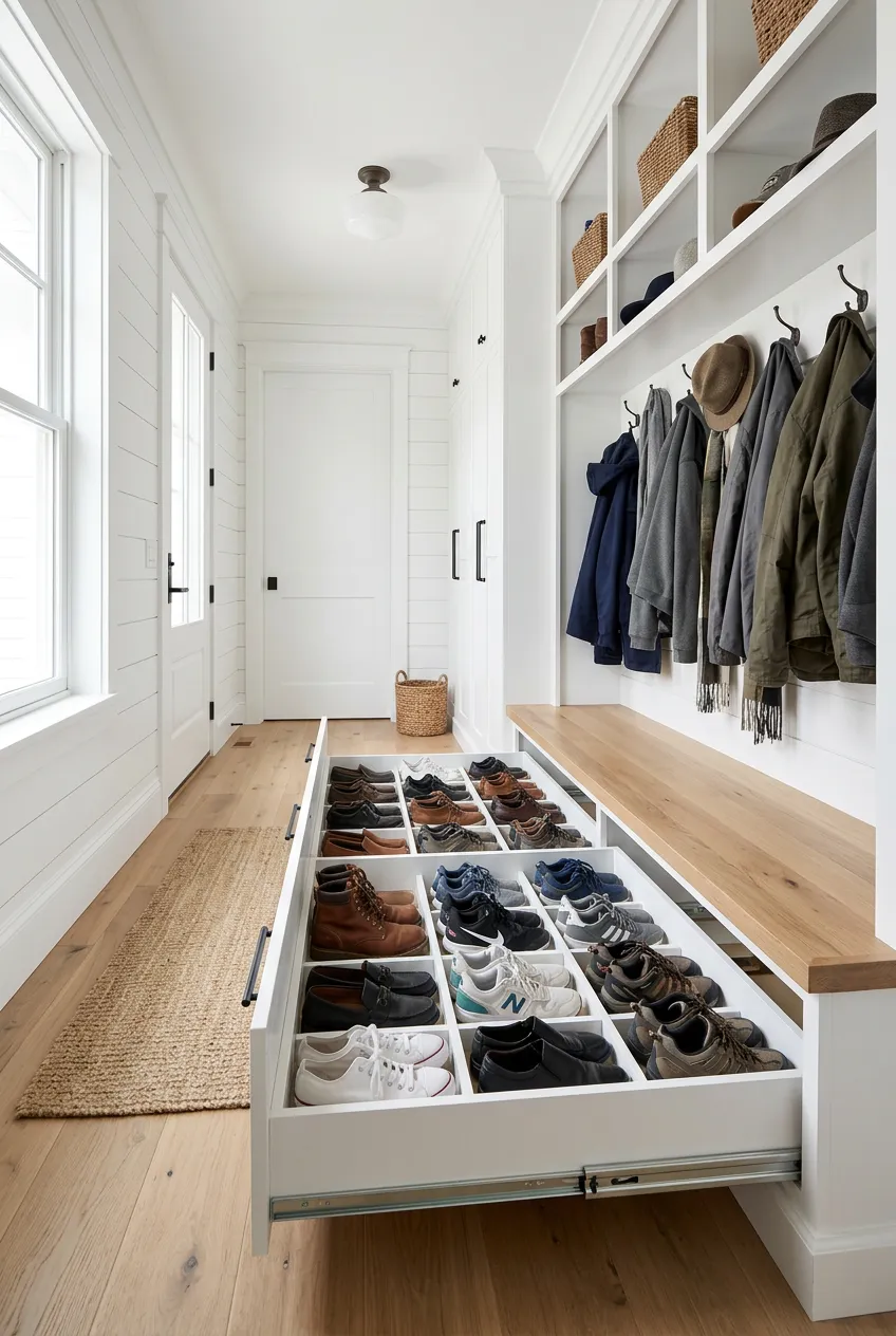A large floor-level white drawer pulled out from a mudroom bench to reveal rows of organized sneakers.