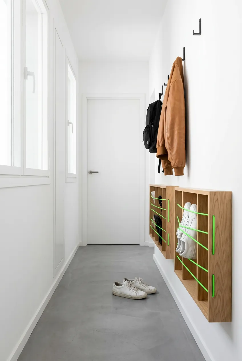 A narrow hallway with wall-mounted oak shoe racks that use neon green bungee cords to hold shoes in place.